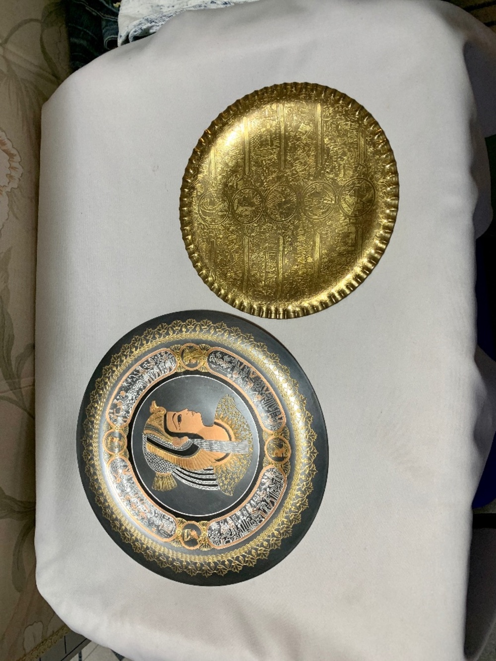 Two (2) Egyptian Queens Nefertiti / Cleopatra Etched Metal Wall Hanger Plates